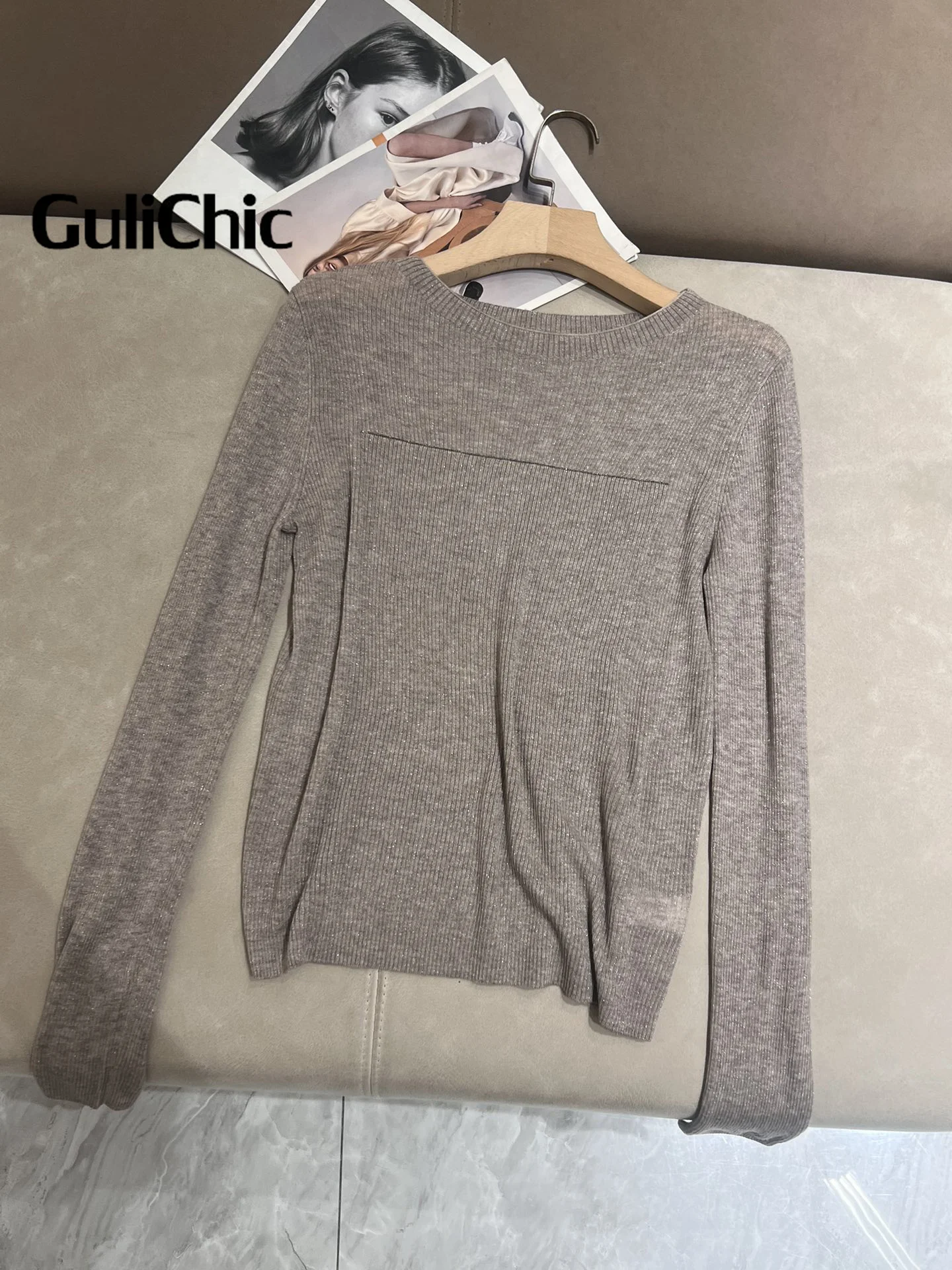 GuliChic-Pull Triblockchain à Perles Scintillantes pour Femme, Pullover Ultra-fin, Manches sulf, Base Décontractée, Tempérament Pit, JOY, 11.25