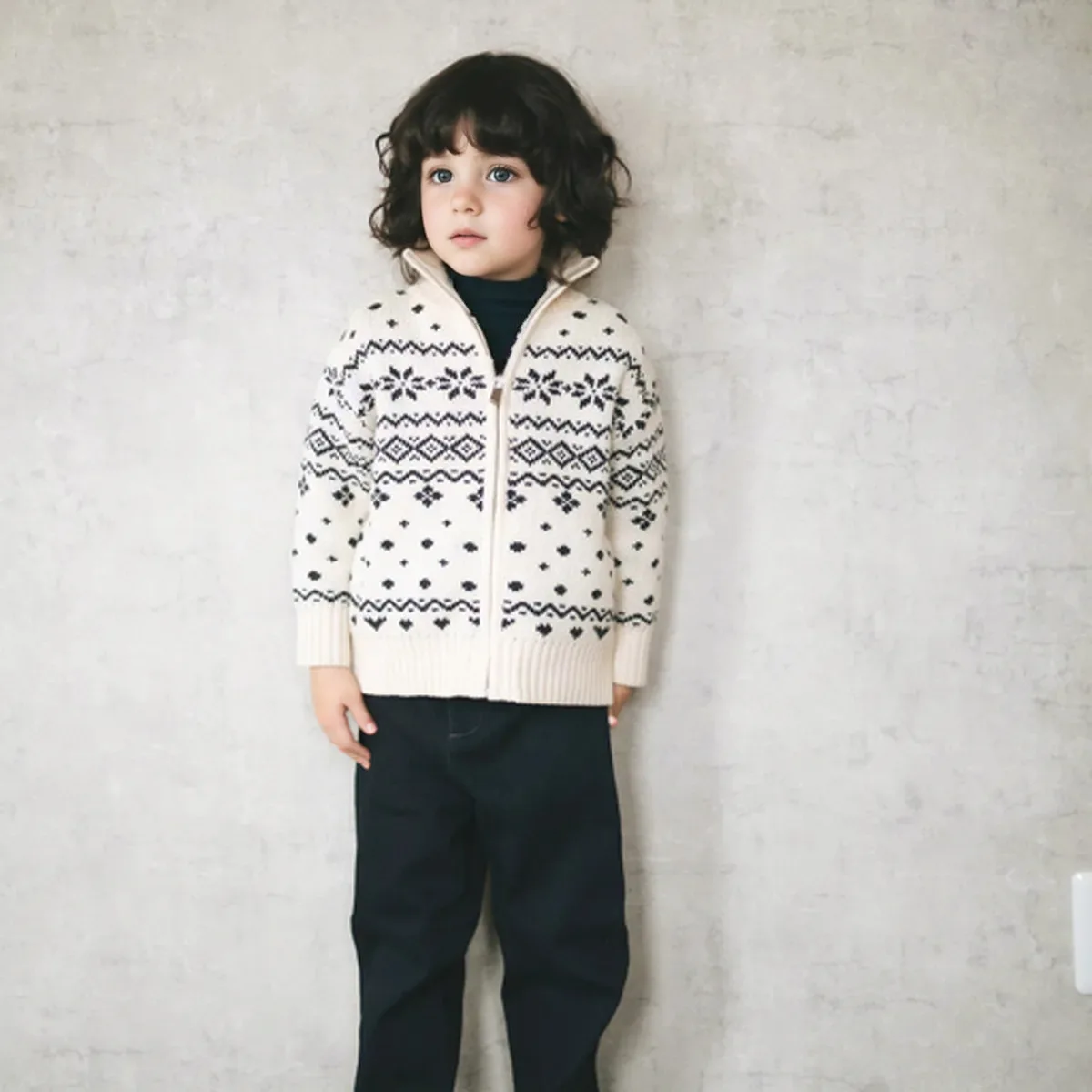 

Children's Sweater Fall Winter New Fair Island Stand Up Collar Versatile Warm Zipper Knitted Sweater Jacket for Boys and Girls