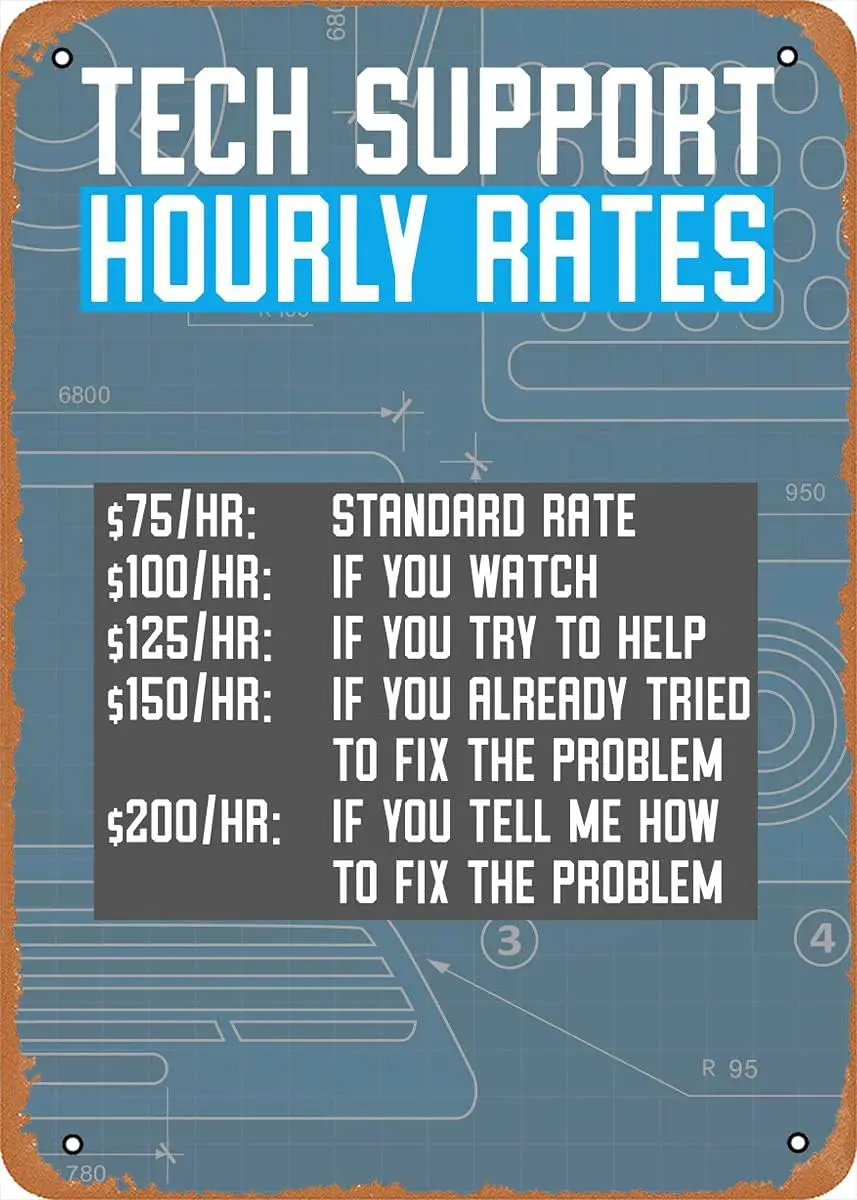 Metal Sign - Typography Tech Support Hourly Rates  Vintage Look Tin Sign,Bar, Man CAVE Art Wall Decoration-aluminum