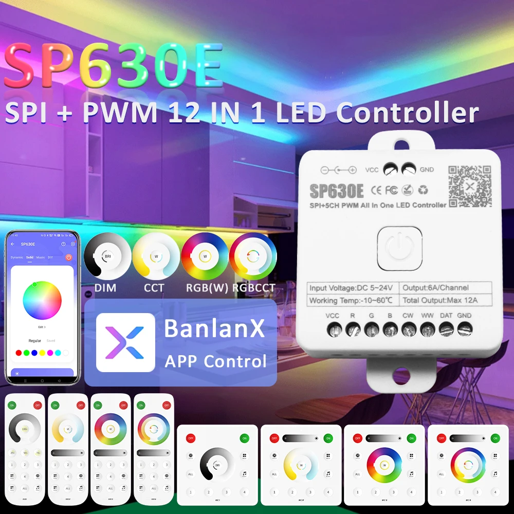 SP630E 12V 24V 5V 12 w 1 kontroler LED Bluetooth dla WS2811 WS2812B SPI 5050 2835 pojedynczy kolor RGB RGBW RGBCCT diody na wstążce