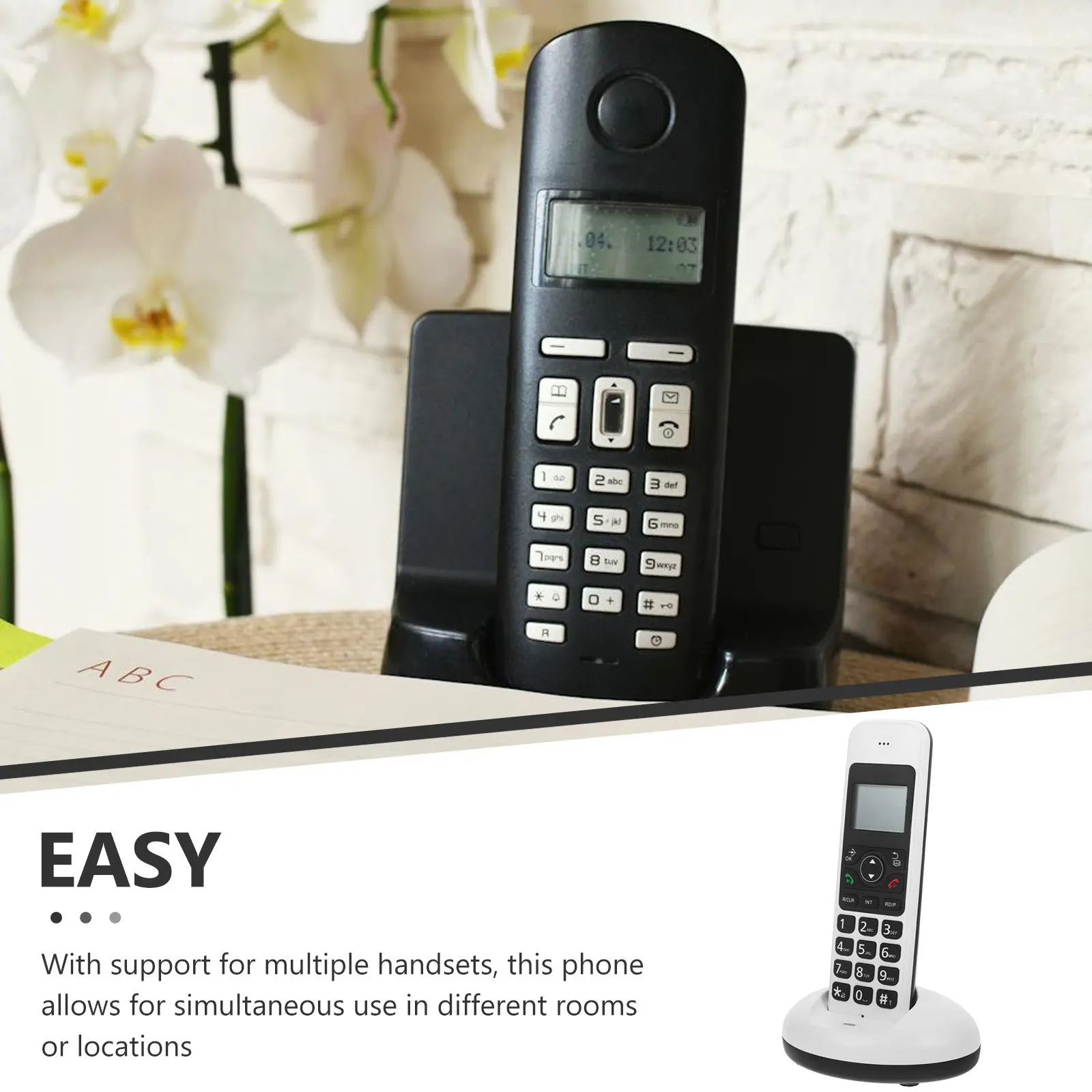 Cordless Phone Large Buttons Expandable System White Senior Landline Telephone Office Household Clear LCD Single
