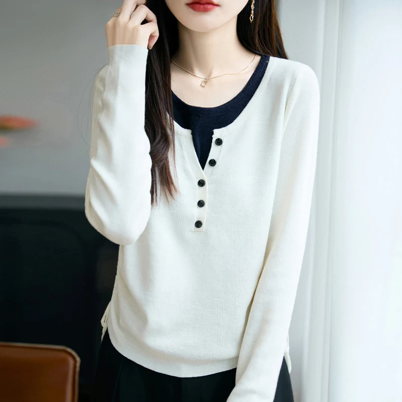 New Women fake two pieces Cashmere Sweater Knitted Hot Selling Soft drawstring Cashmere sweater Women Top