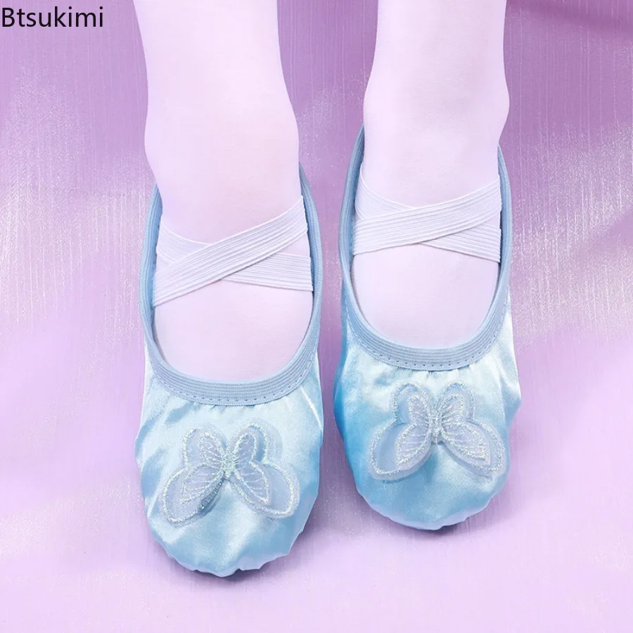 2026 New Children Girls Woman Satin Shoes Canvas Butterfly Knots Soft Sole Ballet Slippers Practise Fashion Ballerina Dance Shoe