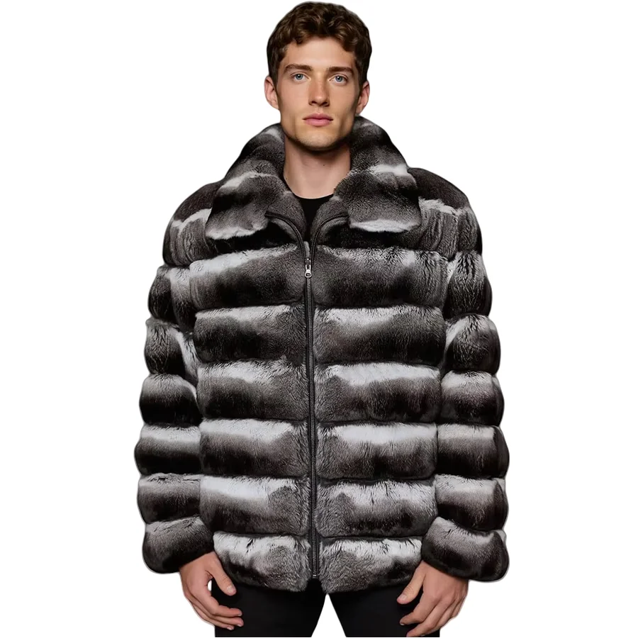 Rex Rabbit Fur Coats With Turndown Collar High Quality Natural Fur Jacket Real Fur Coat Men Short Chinchilla Color Fur Coat