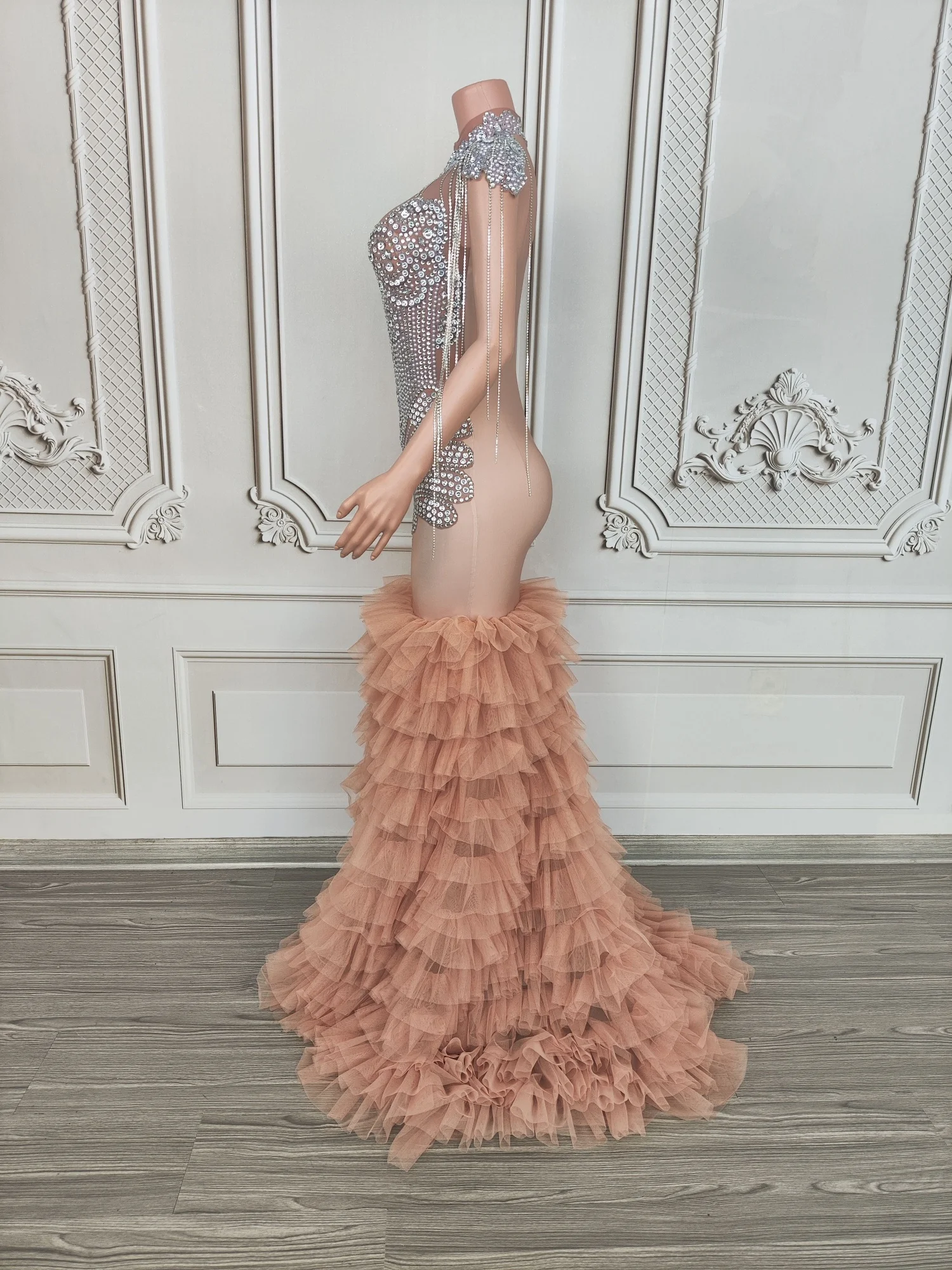 Shine Rhinestone Elegant Tassel Evening Dress Birthday Party Stage Outfit Elastic Gown Sheer Mesh Sexy Luxury Long Dress Lianhua