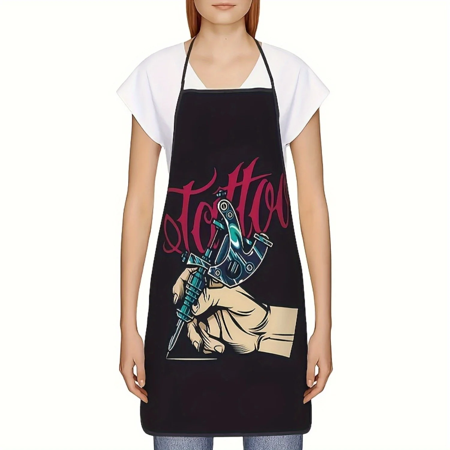 1pc Tattoo Artist Graphic Apron - Durable Polyester, Black with Colorful Tattoo Design, Ideal for Cooking, Household Chores & Ou