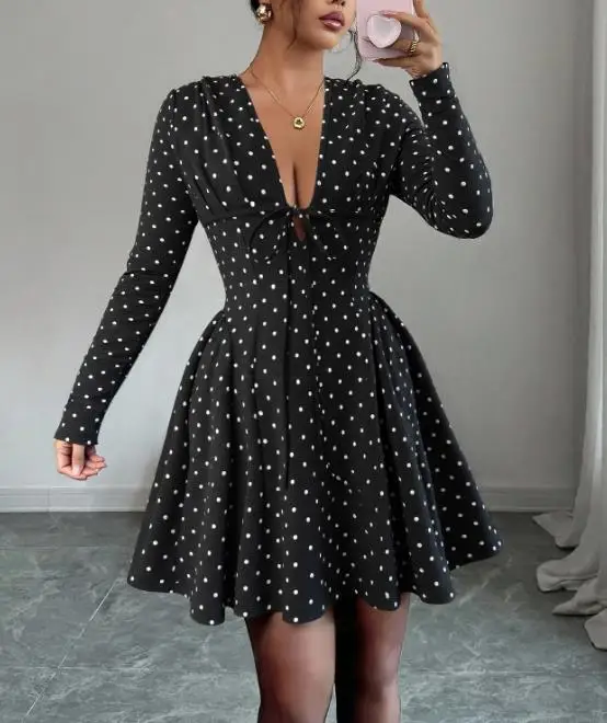 

Women's Autumn and Winter New Fashionable Sweet Polka Dot V-Neck Long Sleeved Elastic Waist Dress Sexy Hollow Out Elegant Dress