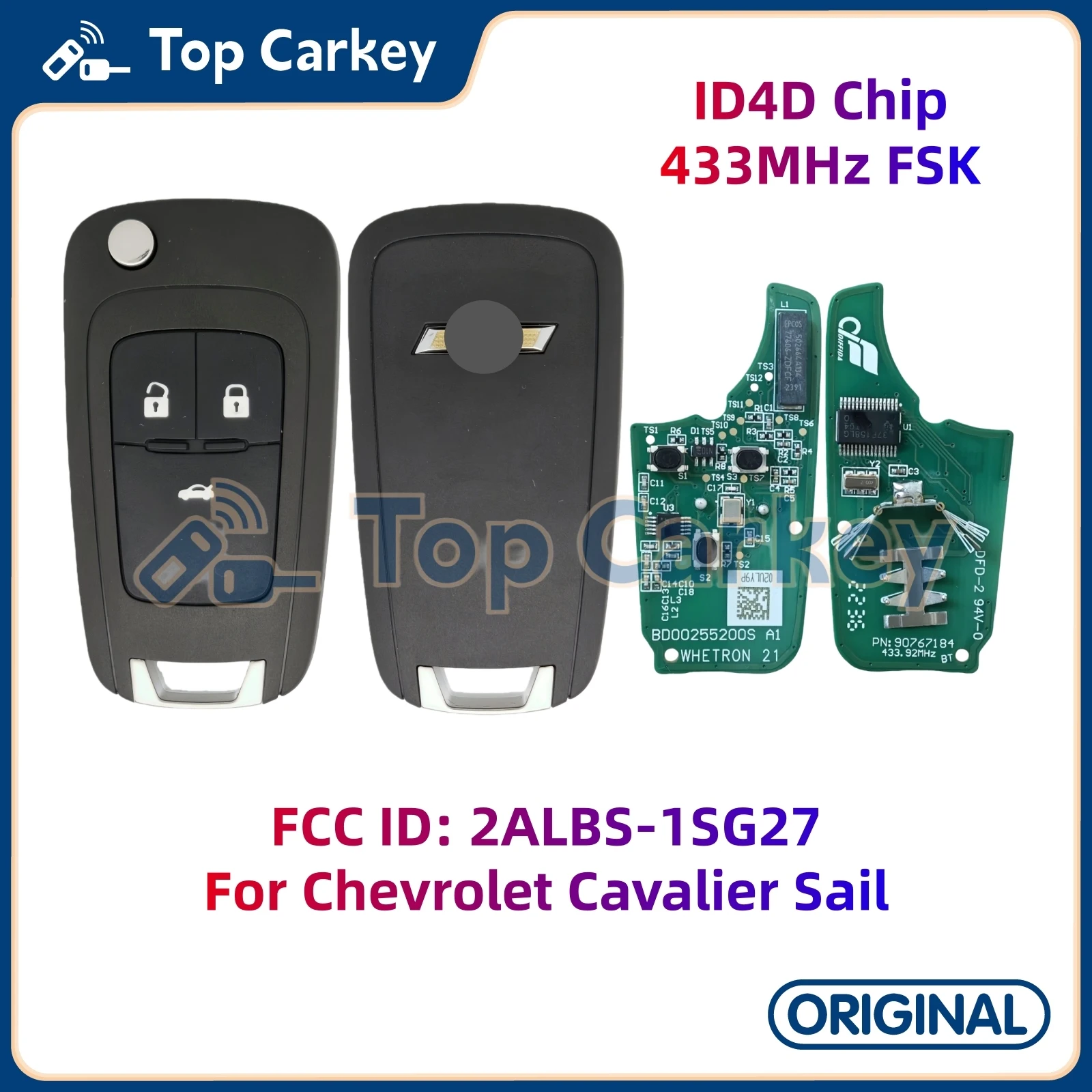 

TopCarkey FCCID: 2ALBS-1SG27 Оригинальный 3-кнопочный дистанционный ключ 4D70, чип 433 МГц для Chevrolet Aveo Cavalier Sail