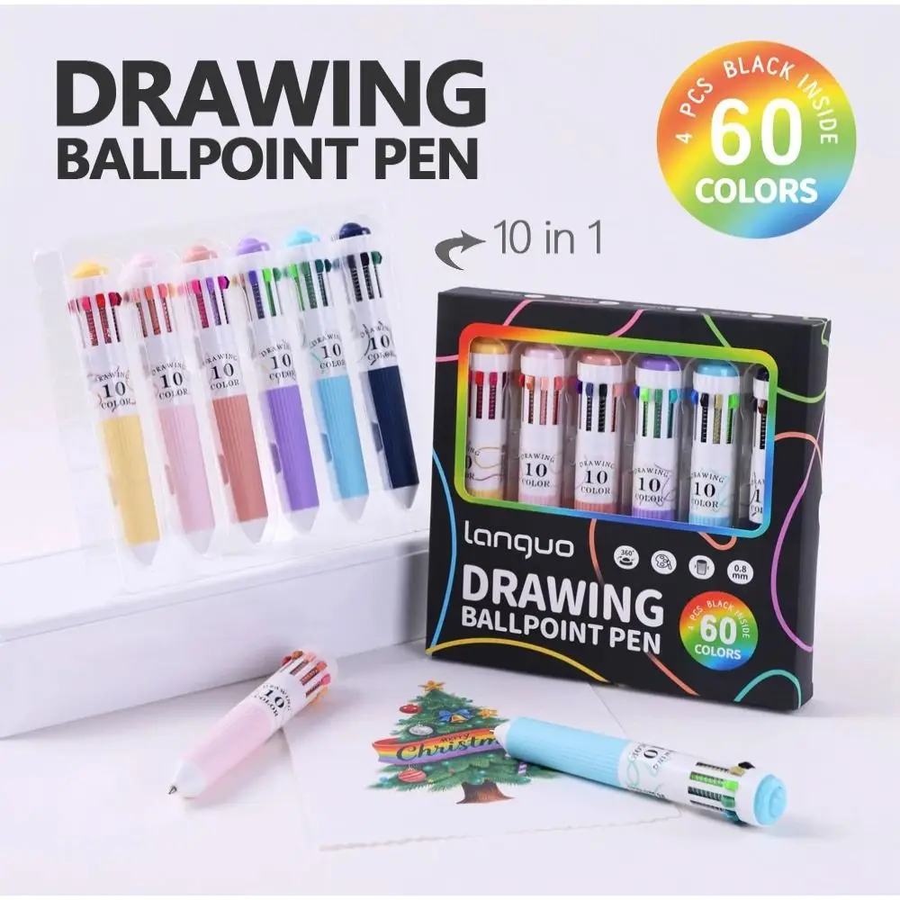 6Pcs/Set 60 Colors Drawing Ballpoint Pen 10-in-1 Multi-Function Colored Pens Retractable 0.8mm Multicolor Pens