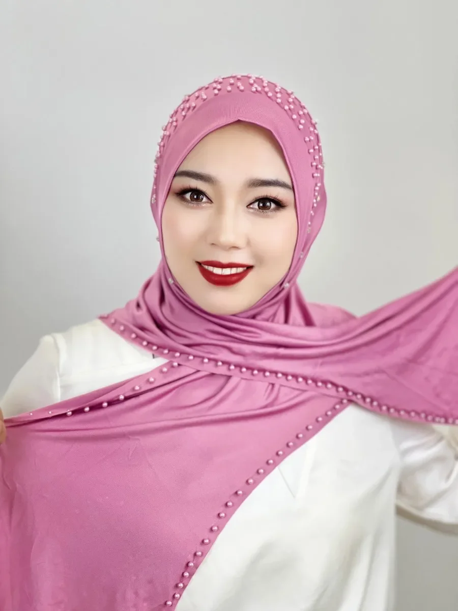 Eid Ramadan Women Muslim Hijab Beaded Arab Long Hijabs Paryer Headscarf Soft Easy To Wear Turkish Head Wrap Scarf 2024