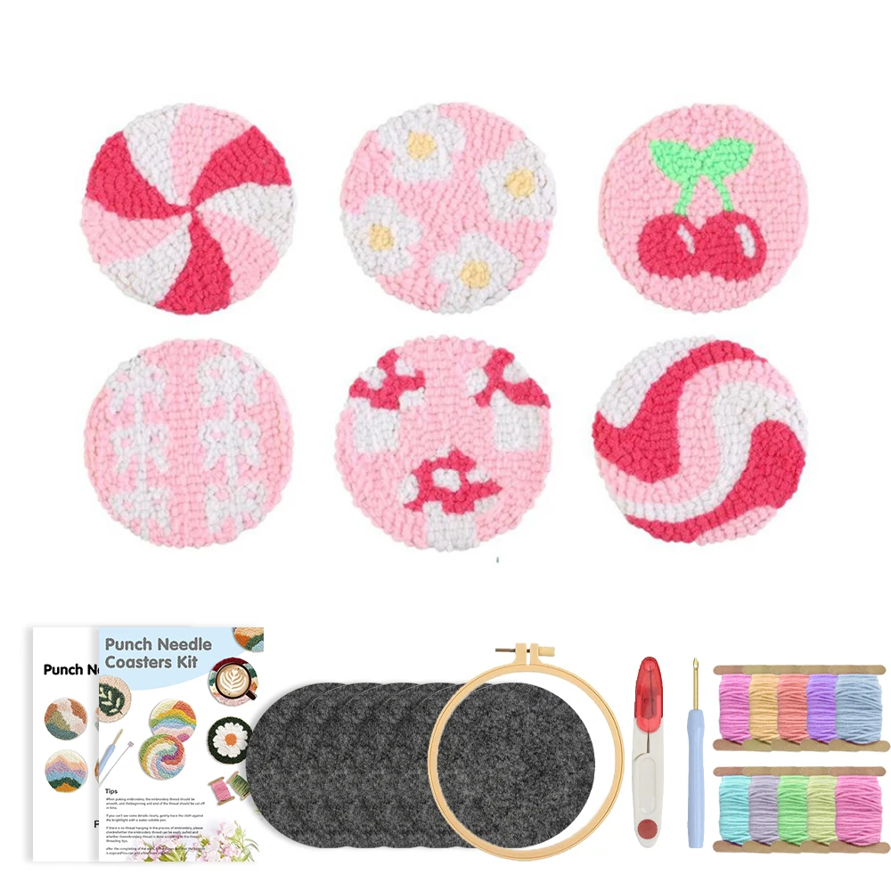 

GATYZTORY 6Pcs Punch Needle Coaster Kit for Beginners Tufting Coaster Art and Crafts Flower Pattern Felt Yarns Embroidery