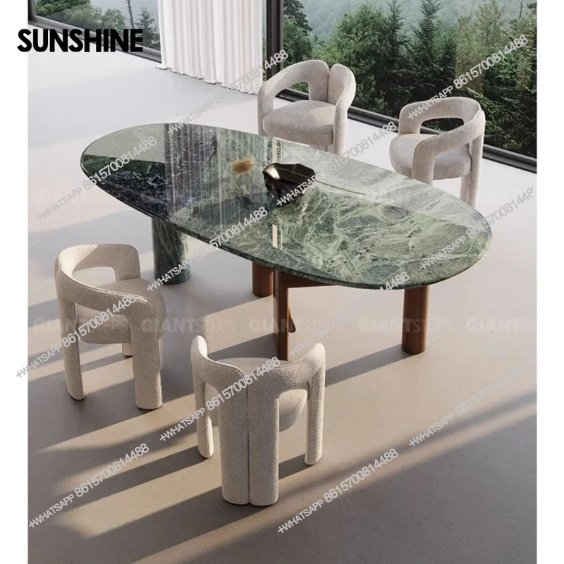 Natural Marble Dining Table Large Flower Green Luxury Stone High-end Household Long Rice Table And Chair Combination