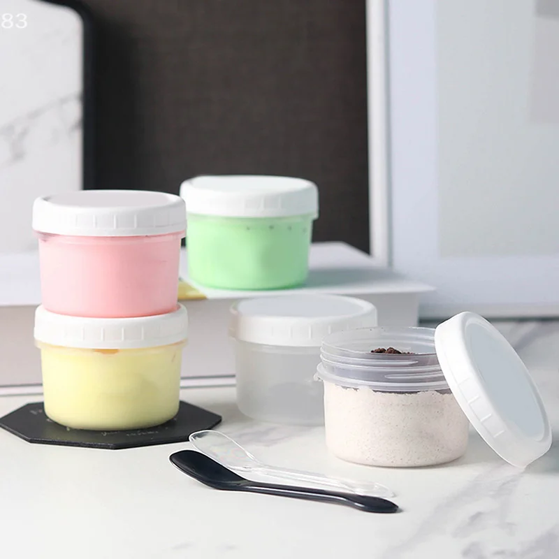 5Pcs Refillable Round Plastic Food Empty Jar With Lids Sealed Fresh Box Portable Ice Cream Yogurt Storage Freezer Containers