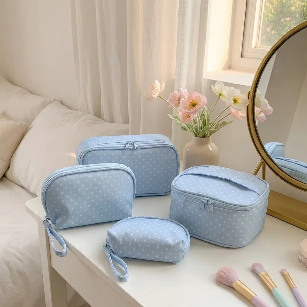 Cute Polyester Polka Dot Makeup Bag Light Blue Multi Size Travel Toiletry Storage Bag Zipper Checkered Cosmetic Pouch Portable