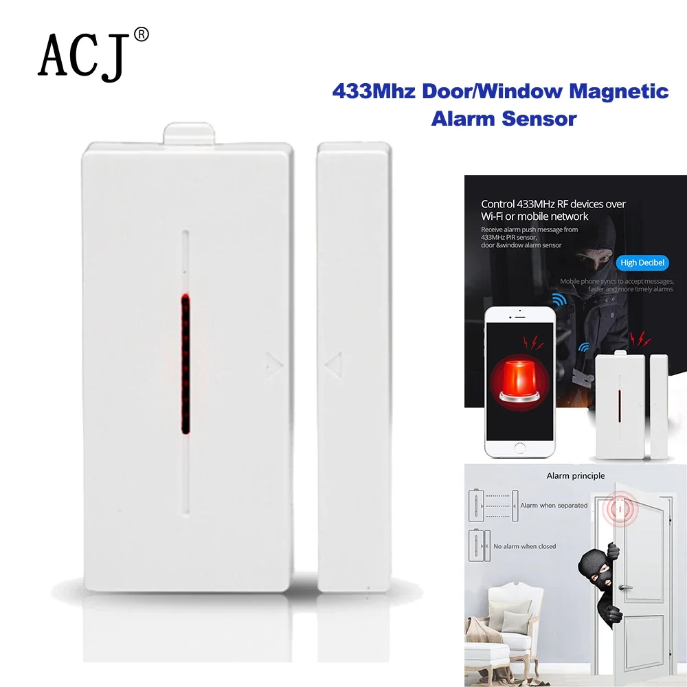 

ACJ 433 МГц беспроводной дверной магнитный датчик обнаружения переключателя двери, окна, индуктивная интеллектуальная связь, работа с хостом сигнализации 433.