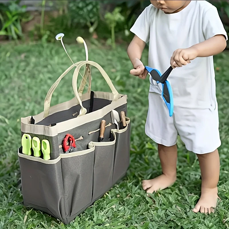 Large Capacity Garden Tool Bag Portable Tote Gray Oxford Fabric Stand Wear-Resistant Multi-Purpose Belt Multiple Pockets