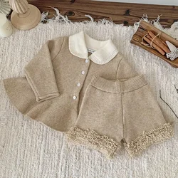 2024 New Autumn Winter Infant Baby Girls Clothing Set Long Sleeved Knitted Cardigan+Shorts Toddler Baby Knitted Clothes Suit