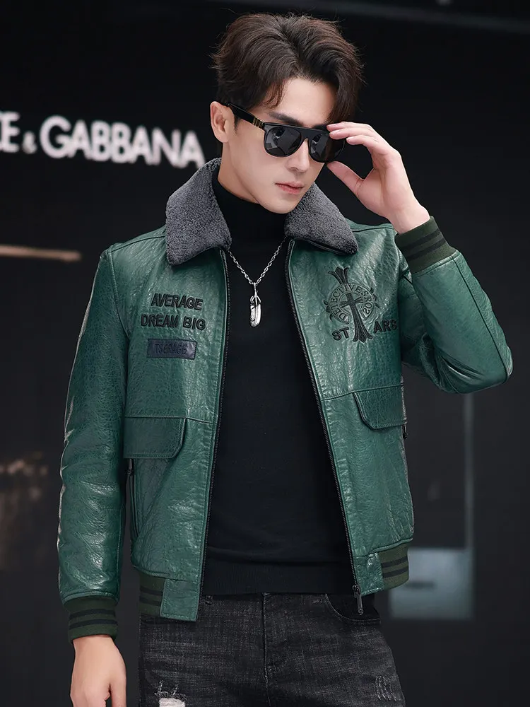 Tcyeek Real Leather Jacket Men Winter Clothes White Duck Down Coat 100% Sheepskin Mens Coats Lamb Wool Collar Detachable Trendy