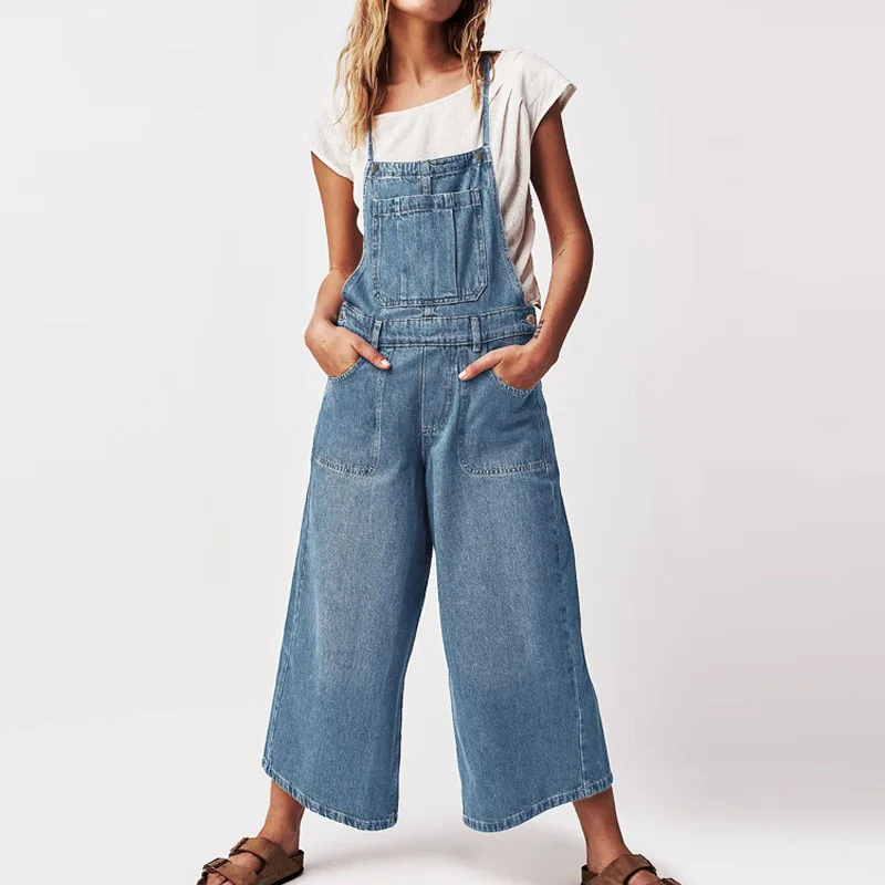 Denim Blue Cotton Straigth Ankle-length Pants Jump Suits For Women Jumpsuits Casual Loose One Piece Outfit Summer Boho Overall