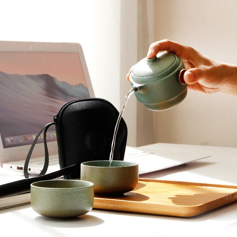 Japanese-Style Ceramic Teapot Lid Bowl Teacup Handmade Portable Travel Office Tea Set-Green