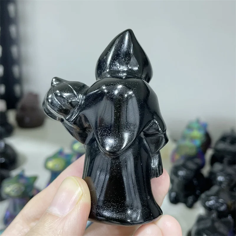 Natural Black Obsidian Wizard Quartz Crystal Sorcerer Hand Carved Gemstone Ornament For Christmas Gift 1pcs