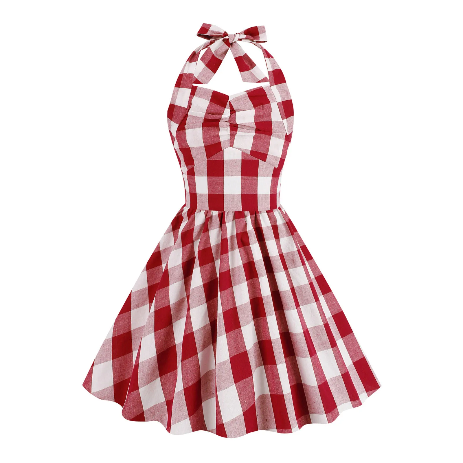 Vintage Kids Girl Plaid Swing Dress Elegant Summer Sleeveless Halter 50s Vestidos Midi Swing Pink Carnival Party For Child 3-10Y