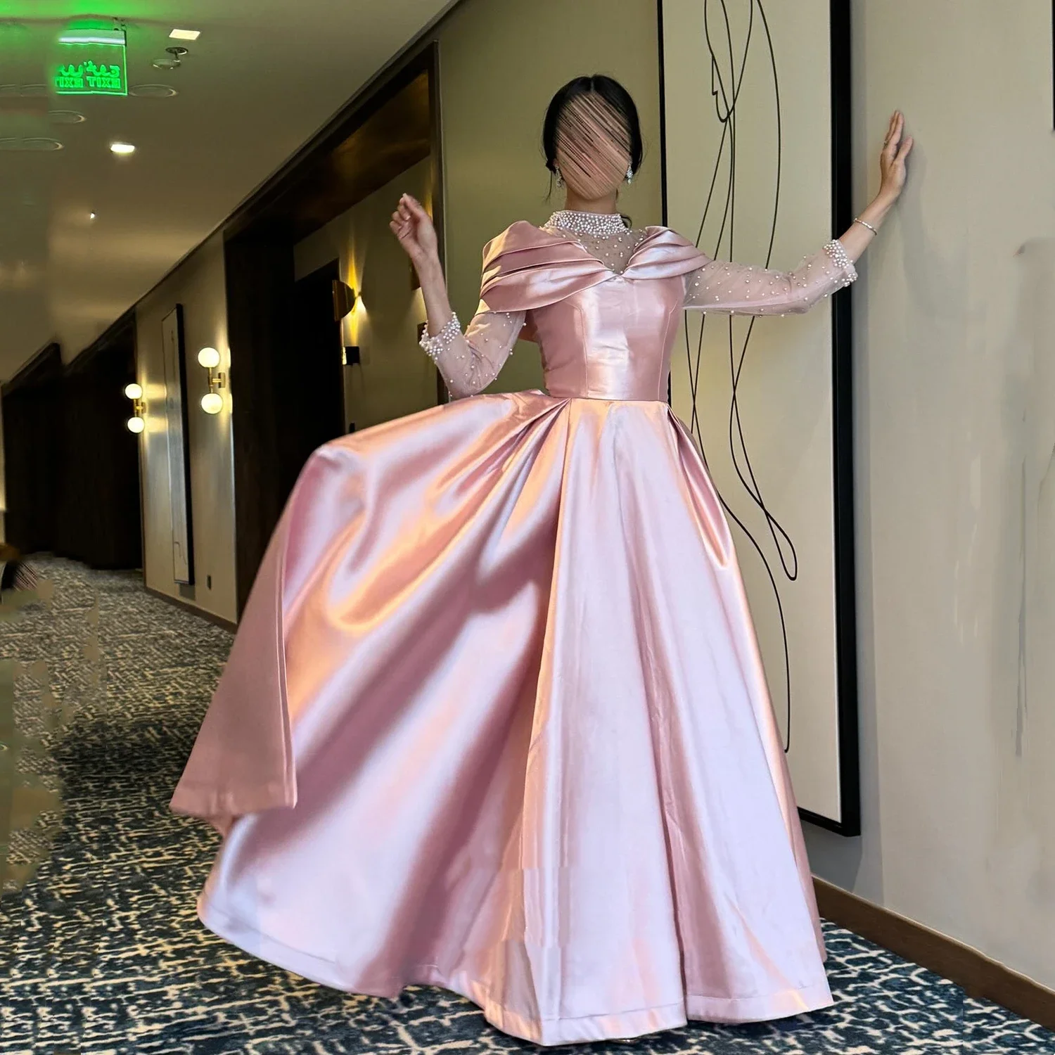 

Dubai Arab Luxury Satin Evening Dress Ladies Elegant Pearl Long Sleeve Party Dress Wedding Guests A-line Ball Dress Customizatio