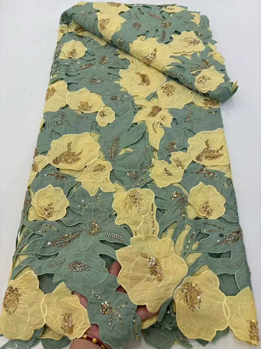 

African Chiffon Tulle Lace Fabric with French Luxury Sequins Beads Mesh for Women's Evening Dresses Nigerian Style