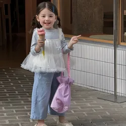 Girls Korean Set 2025 Spring New Children Trendy Mesh Suspender Top Solid Edge Curl Base Shirt Two Piece Set
