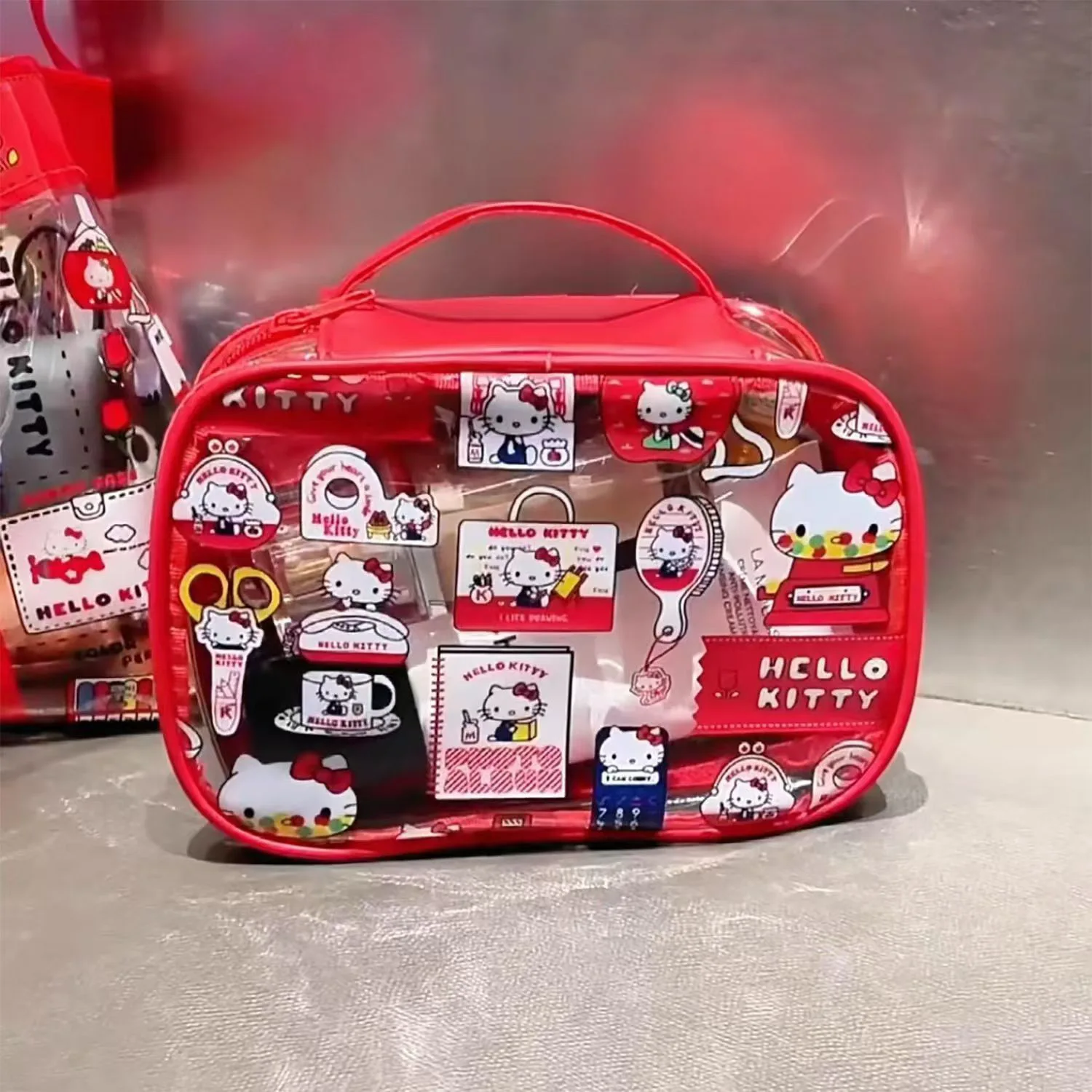 Cute Kitty Cat borsa per il trucco in PVC trasparente borsa per il water portatile di grande capacità per ragazza di alta bellezza