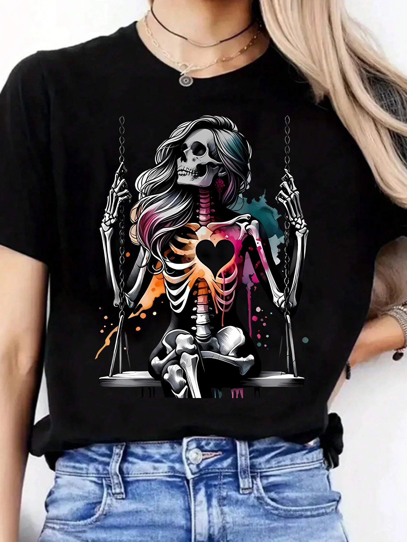 

Skeleton ladies pattern round neck plus size women T-shirt short sleeve trend printing elastic half sleeve T-shirt