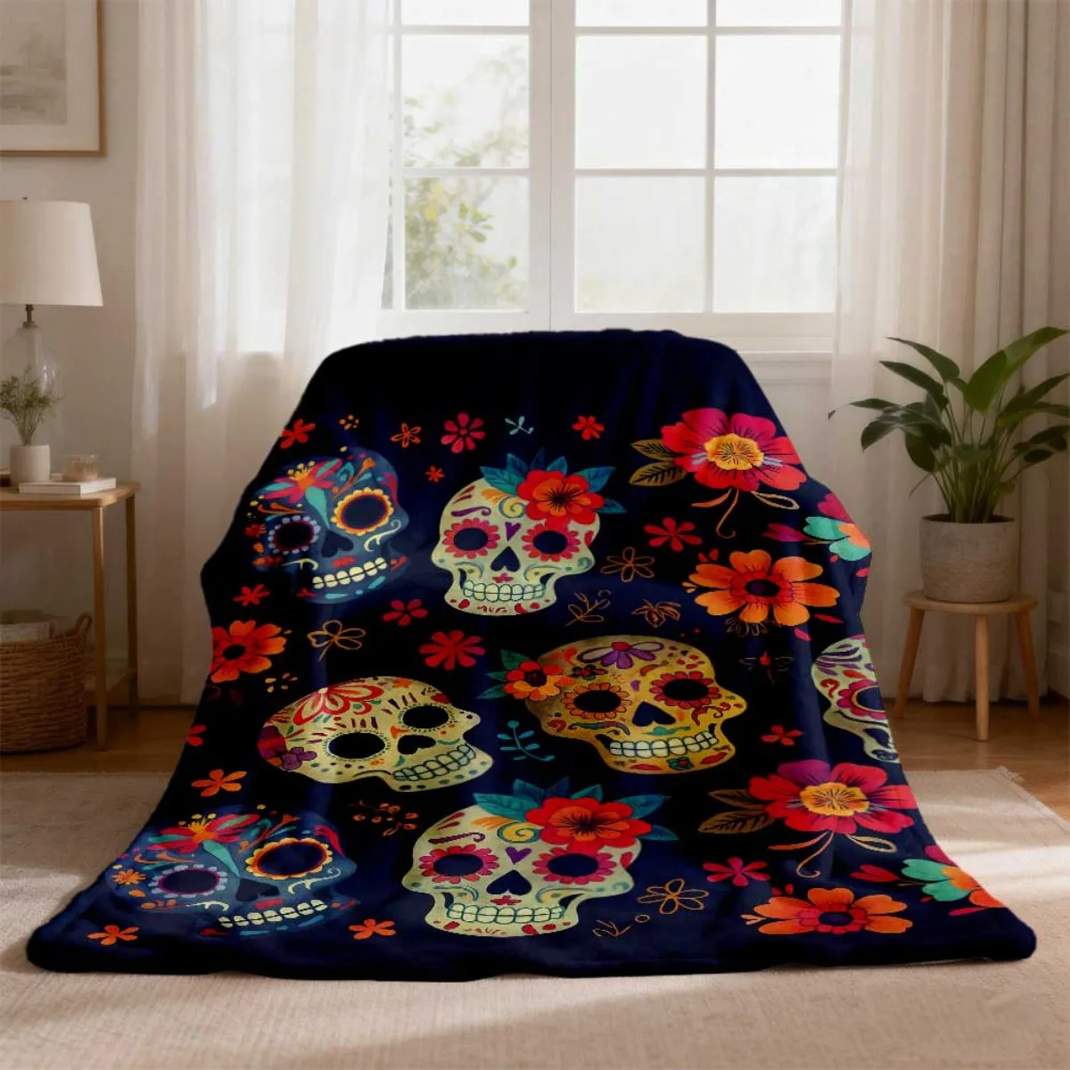 2026 New Arrival Flannel Blanket Vintage Sugar Skull Throw Blanket Day of the Dead Decor with Floral Skulls Soft Lightweight Fla