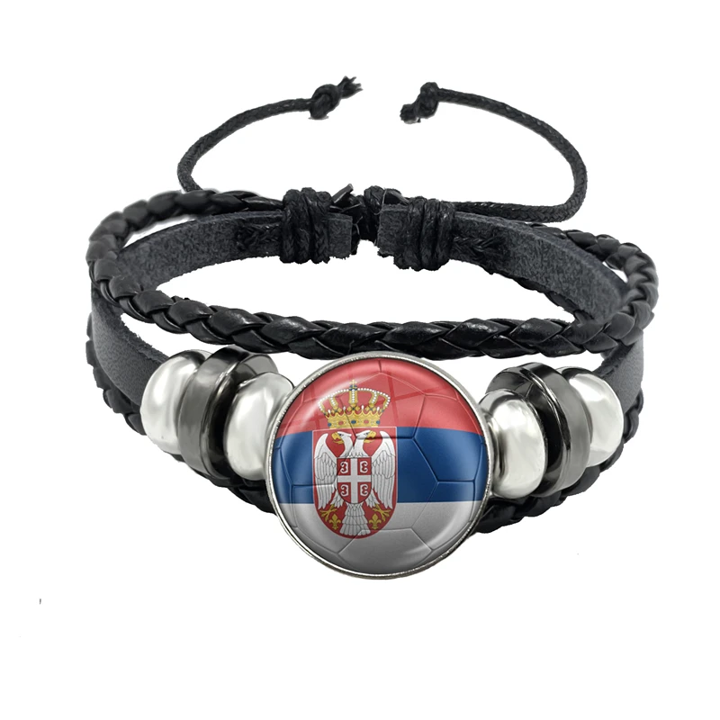 Netherlands,Serbia,Switzerland,Portugal,Poland,Brazil Football Pattern National Flag 18mm Glass Cabochon Snap Leather Bracelet