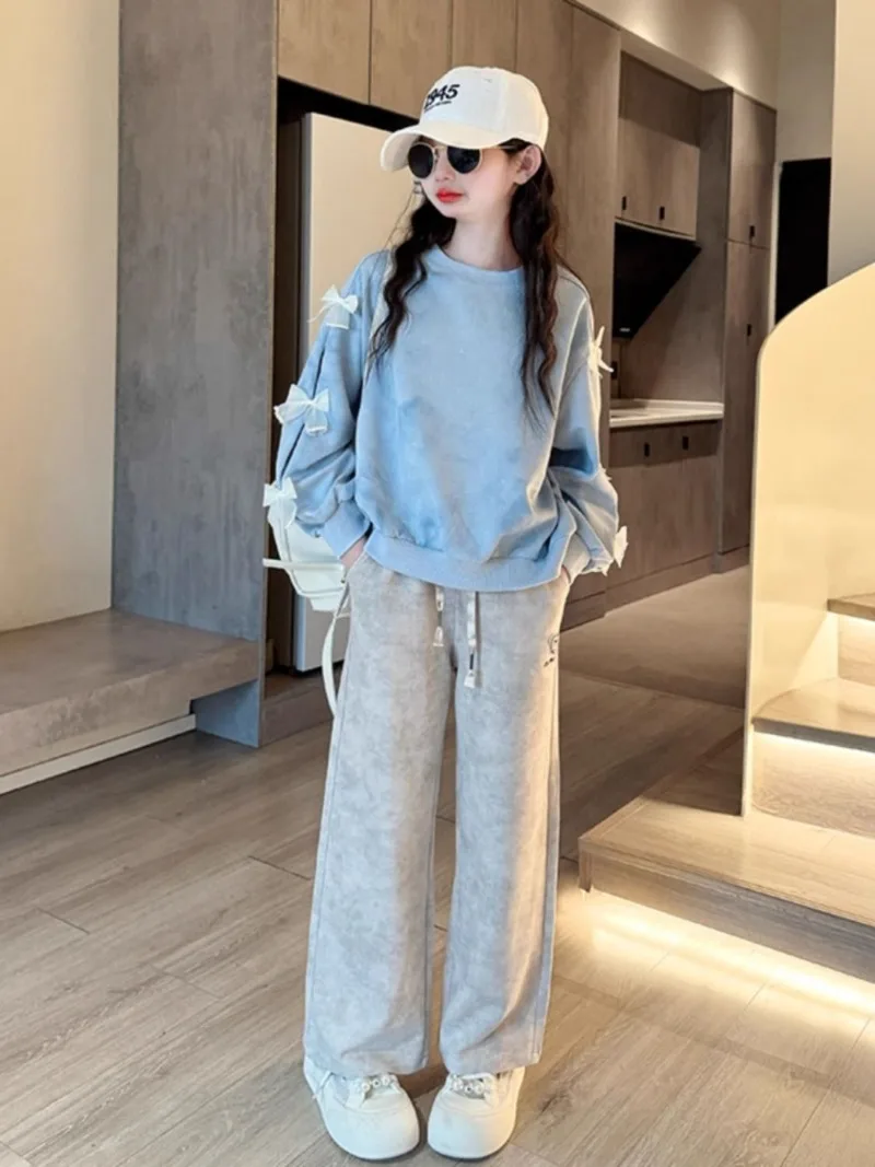 

Autumn Winter Outfit Children's Clothing Girls Top & Pants 2-Piece Set Bow Sweatshirt Girl Two Skirt Elementary Student Clothes