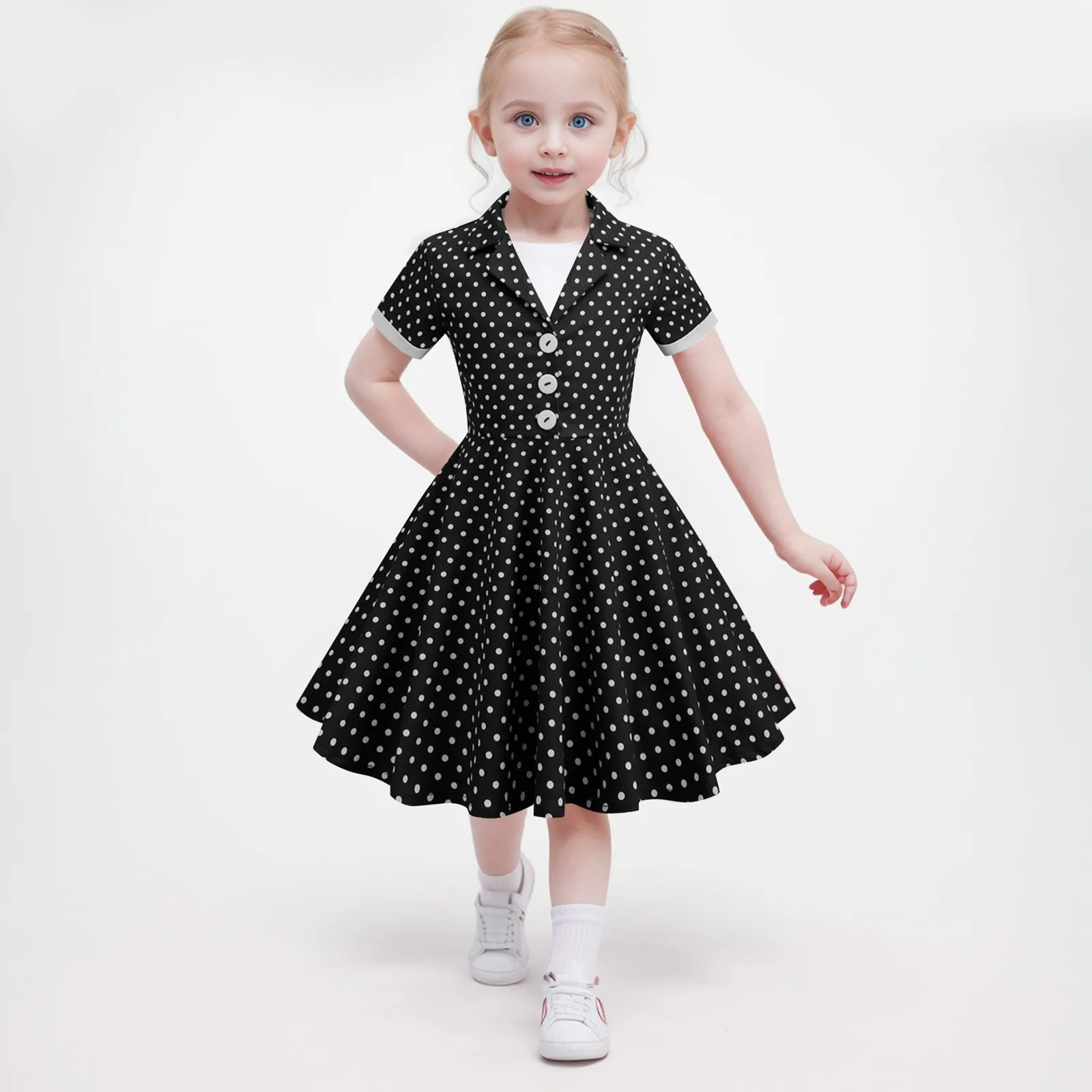 Kids Wave Point Retro Swing Belt Prom Party Dresses Baby Doll Neck European American Girls Retro Princess Dress Children Skirt