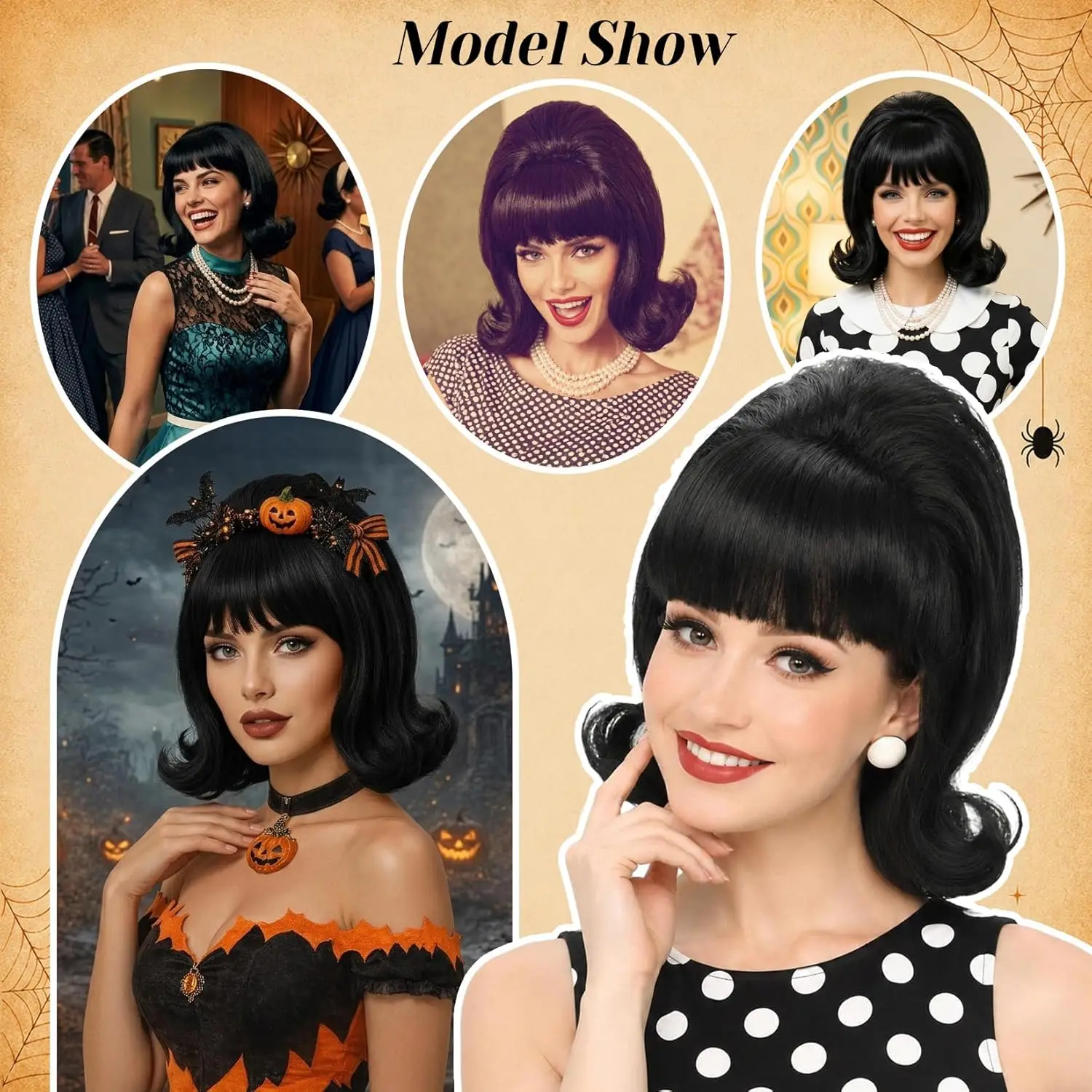 HAIRJOY Kunsthaar-Perücke, kurzer Bob mit Pony für Damen, 60er- und 70er-Jahre-Retro-Bienenstock-Bouffant-Perücken, Vintage-Kostümperücke für Halloween – Detail 1