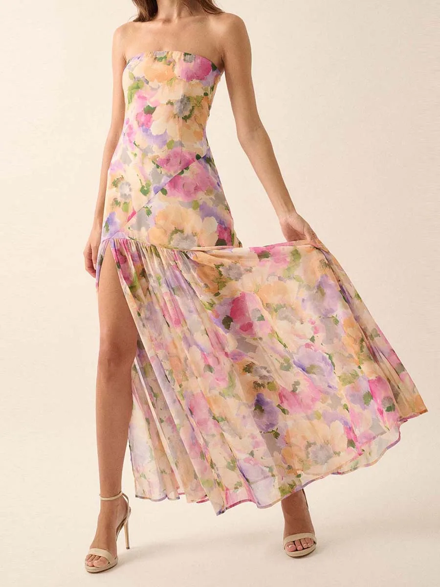 New Fashion Women Summer Long Bandeau Dress Sleeveless Off Shoulder Flower Print Tube Top Dress S M L