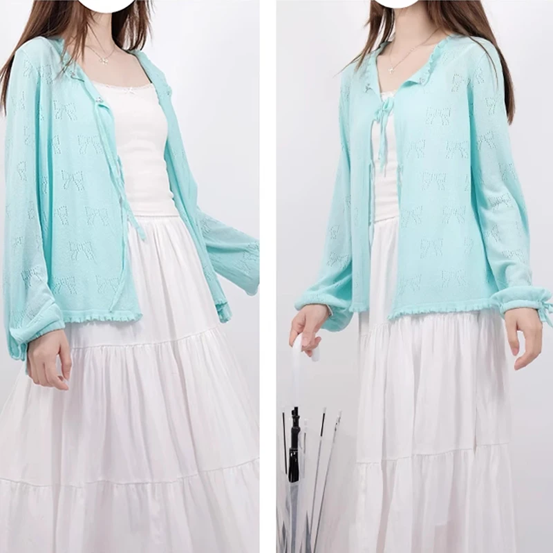 Cardigans de malha fofos femininos verão manga longa formato de arco oco rendas até tops soltos para meninas doces roupas kawaii