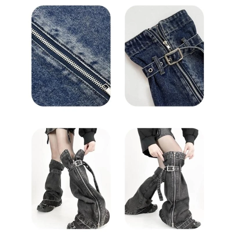 Fashion Buckled Belt Washed Denims Leg Warmers for Womens Harajuku Punk Side Zippers Baggy Boot Covers Flared Long Socks 15UB