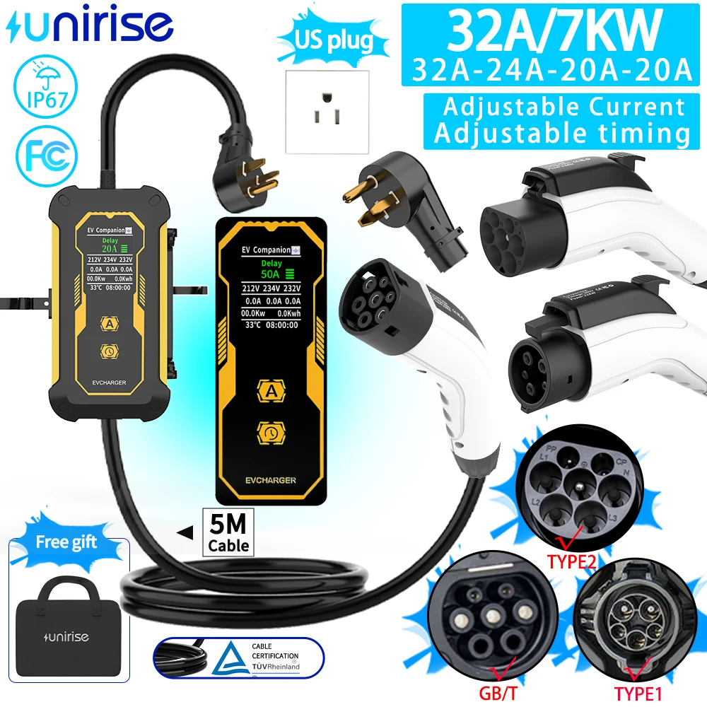 Unirise Type2 EV شاحن سيارة محمول 7KW 32A Wallbox الولايات المتحدة التوصيل Type1/GBT EVSE شحن سريع كابل 5 متر مع ضبط التيار/الوقت
