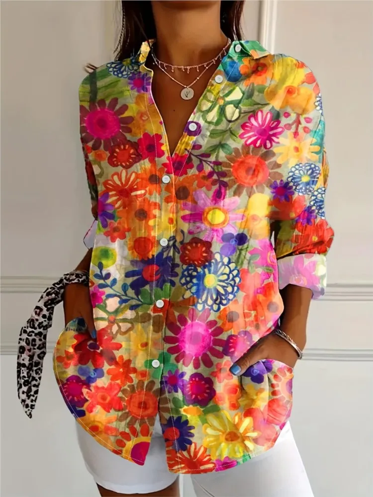 캐주얼 꽃 프린트 셔츠 여성 패션 오피스 휴일 여성 의류 Boho 긴 소매 단추 셔츠 여성 의류 탑