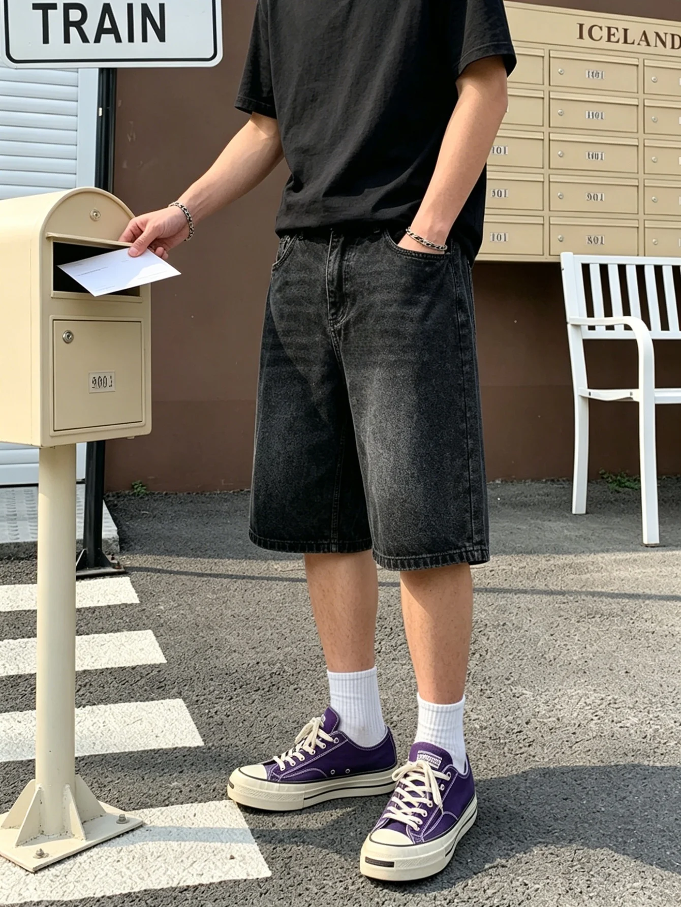 Men daily commute black non stretch denim jorts loose straight leg solid color versatile comfy outdoor casual trousers