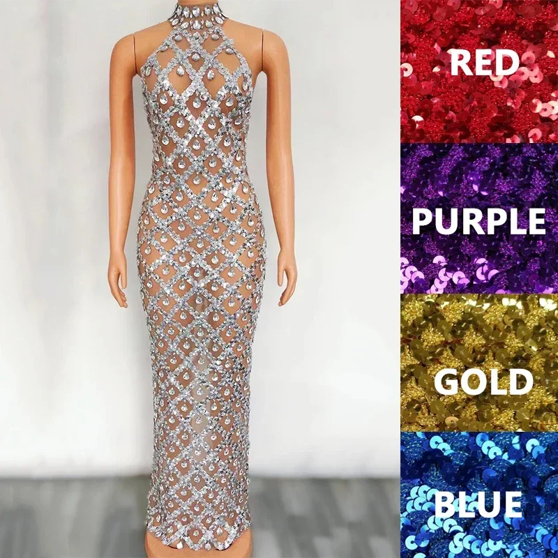 

6 Colors Shiny Sequins Sleeveless Evening Dress Women Birthday Celebrate Outfit Stretch Mesh Transparent Jazz Wear