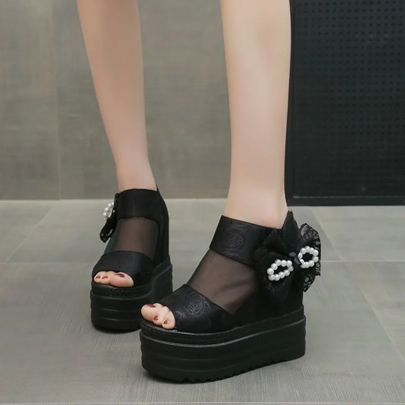 Summer 2026 New Thick Platform Wedges Mesh Peep Toe High Heel Sandals For Women Lifts Height Elevator Shoes