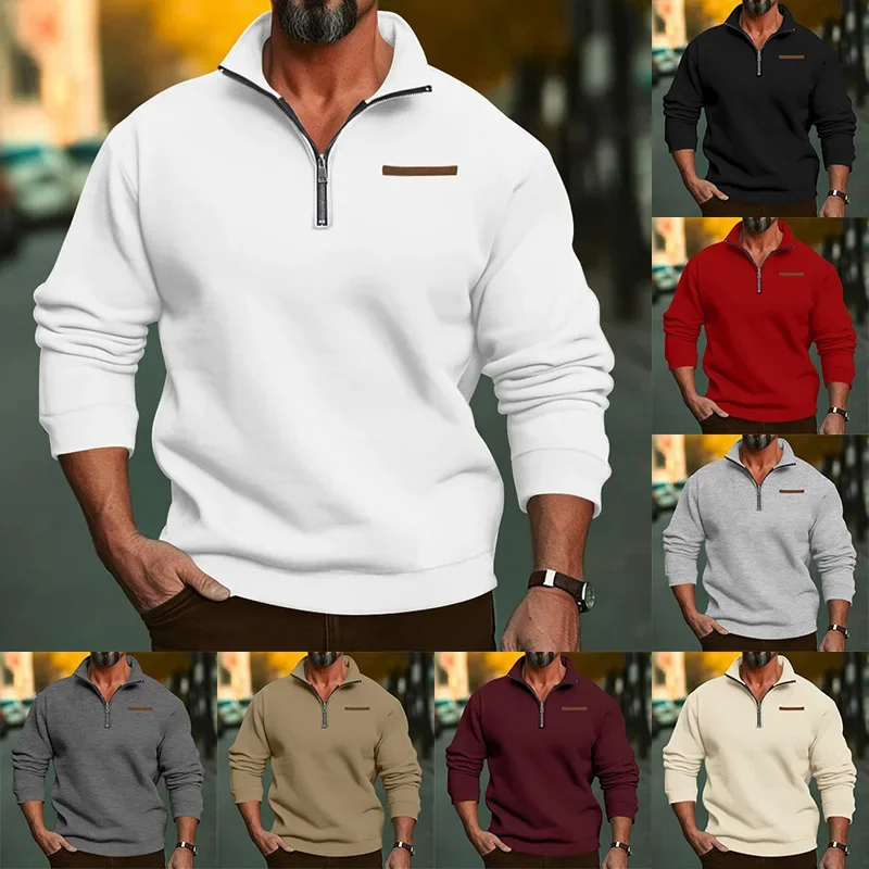 

Winter cashmere hoodie half zip stand collar embroidery fashion elements pullover solid color casual hoodie men