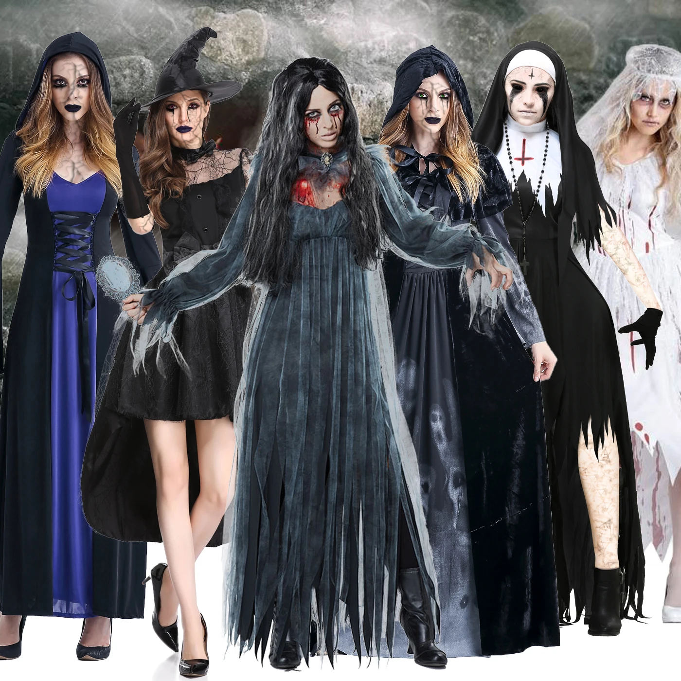 

Костюм зомби с защитой от крови, женский наряд на Хэллоуин, детский костюм для выступления на сцене невесты, полиэфирная ткань