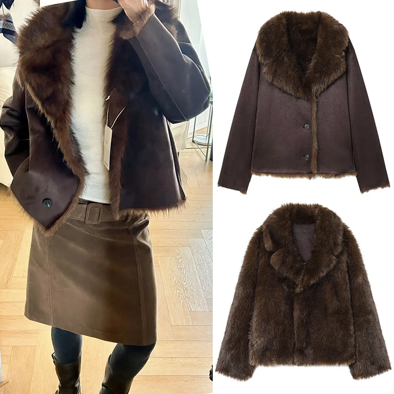 

Женское пальто из искусственного меха, новинка 2025, осенне-зимняя мода, коричневое двустороннее пальто с длинными рукавами для женщин, повседневное шикарное женское пальто