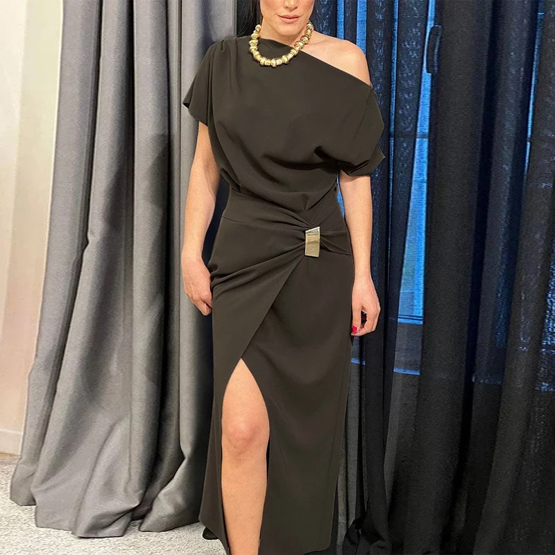 

Modigirl Urban Office Lady One-shoulder Asymmetric Long Dresses 2025 Summer Spring New Split-front Maxi Evening Dresses Women