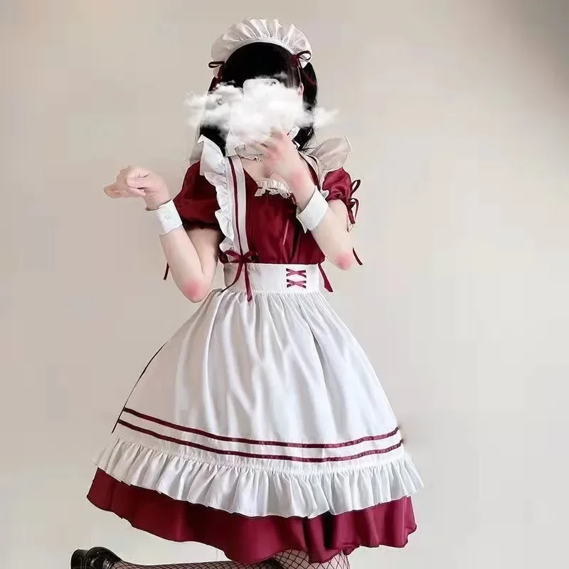 Students Daily Red Dress Cartoon Cosplay Set Halloween Costume Maid Dress Lolita Skirt 6pcs Maid Cafe Overalls