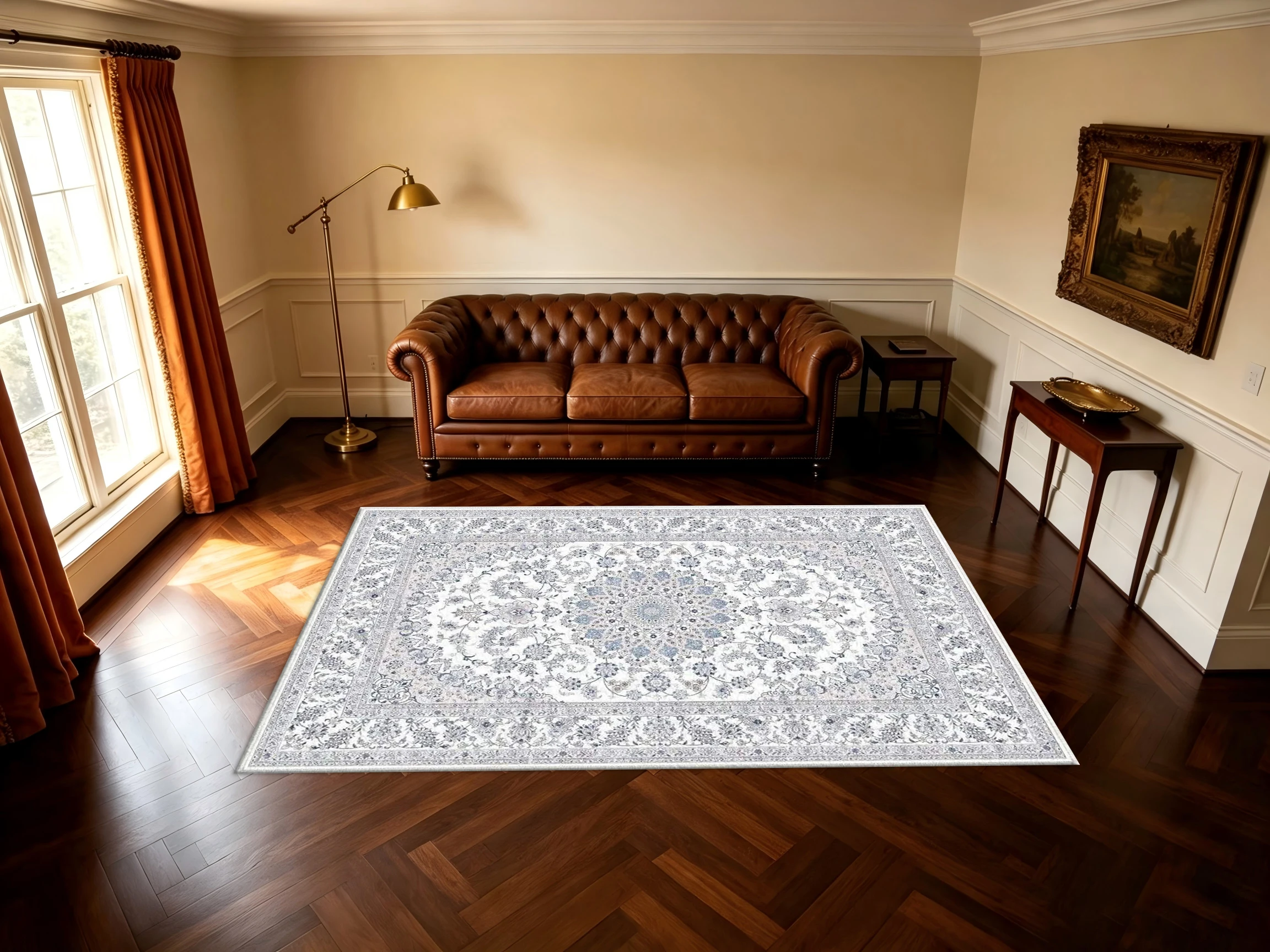 Alfombra Persa Clásica Gris Claro, Delicado Medallón Floral Vintage, Borde Ornamental, Alfombra Antideslizante para Decoración Minimalista Clásica del Hogar